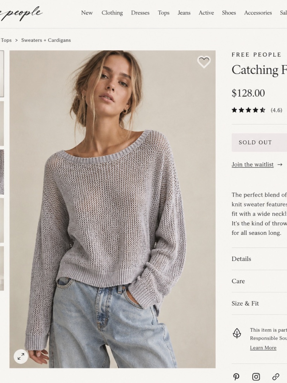 Free People Light Gray Open-Knit Wide-Neck Sweater